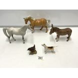 TWO BESWICK HORSES, A BESWICK DONKEY, HOUND AND A BIRD.