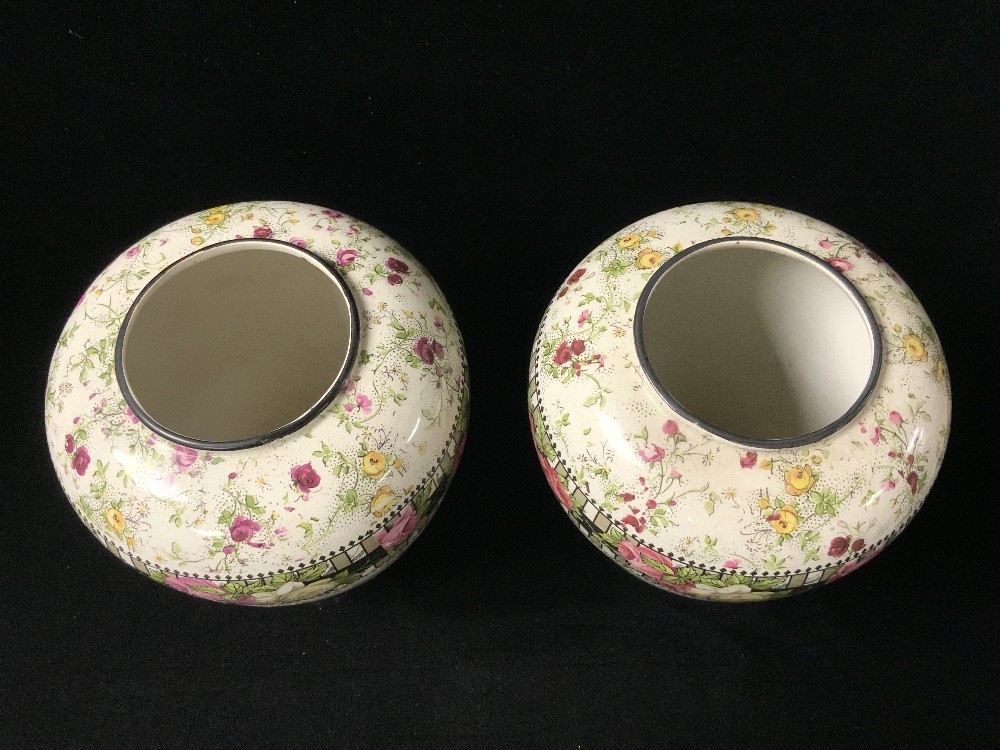 A PAIR OF LATE VICTORIAN TRANSFER PRINTED FLORAL VASES; 21 CMS. - Image 3 of 5