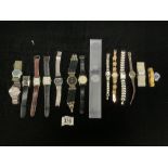 EIGHT MENS WRIST WATCHES, 7 WOMENS WRIST WATCHES, AND EYE WATCH.