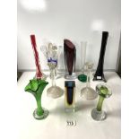 A QUANTITY OF ART GLASS VASES; 30 CMS TALLEST.