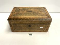 A VICTORIAN PARQUETRY INLAID BURR WALNUT WRITING SLOPE.