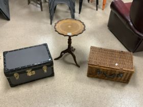 WICKER BASKET, WINE TABLE AND SMALL TRUNK