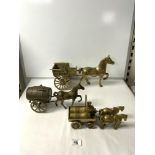 THREE BRASS HORSE AND CART FIGURES; 38X22 LARGEST.