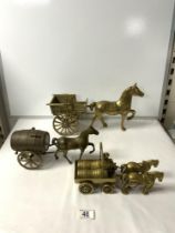 THREE BRASS HORSE AND CART FIGURES; 38X22 LARGEST.