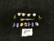 TWO 10CT AND ONE 18K MARKED GOLD AND ENAMEL CUFFLINKS; 7GMS, A PAIR OF SILVER AND ENAMEL
