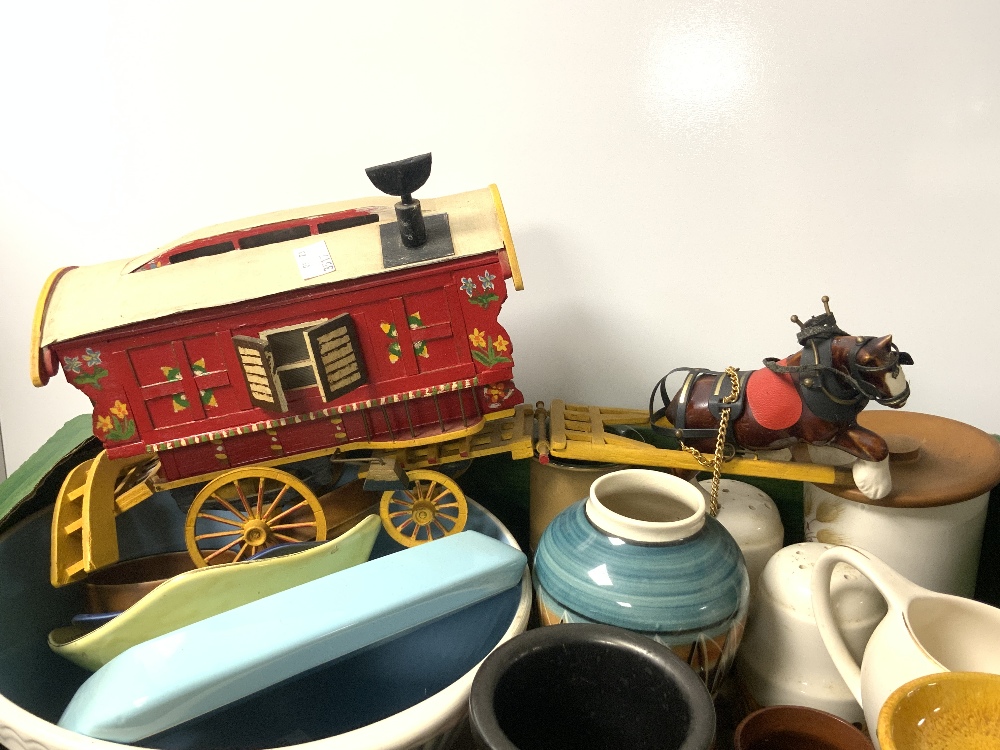 LEATHER AND POTTERY TANKARD, MIXING BOWL, OTHER CERAMICS AND A HORSE AND GYPSY CARAVAN. - Image 2 of 7