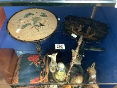 CHINESE CIRCULAR SILKWORK FAN IN CHINOISERIE FRAME AND ANOTHER BLACK AND GOLD LACQUER FAN.