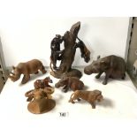 CARVED WOODEN SCULPTURE OF JAGUARS ON TREE; 30 CMS AND RHINOS, LION AND WILDERBEAST.