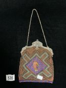 GERMAN 850 SILVER AND BEADWORK LADIES EVENING BAG WITH FLORAL EMBOSSED MOUNTS AND CHAIN LINK HANDLE;