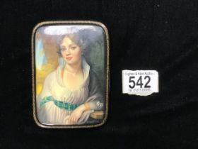 A FEDOSKINO RUSSIAN BLACK LACQUERED RECTANGULAR SNUFF BOX WITH PAINTED LID 'PORTRAIT OF A YOUNG