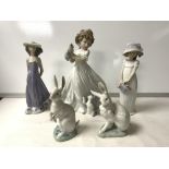 FIVE LLADRO FIGURES - LITTLE LADY, SUSAN, KITTENS GATHERING AND TWO RABBITS.
