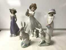 FIVE LLADRO FIGURES - LITTLE LADY, SUSAN, KITTENS GATHERING AND TWO RABBITS.