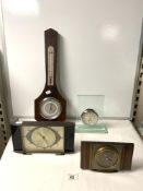 TWO METAMEC BATTERY MANTLE CLOCKS, A BAROMETER AND GLASS MANTLE CLOCK.