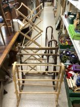 FOLDING WOODEN CLOTHES AIRER, AND THREE WOODEN TOWEL RAILS.