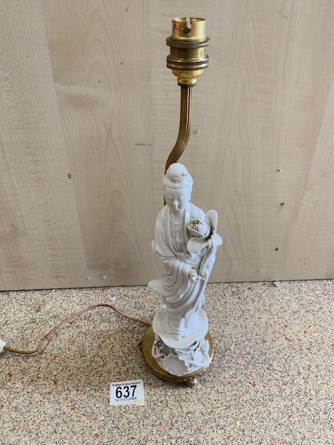 A CHINESE BLANC DE CHIN QUAN YIN FIGURE LAMP; 40 CMS.