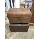 TWO VINTAGE TIN TRUNKS AND QUANTITY OF VINTAGE WOODEN FOOD BOXES.