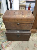 TWO VINTAGE TIN TRUNKS AND QUANTITY OF VINTAGE WOODEN FOOD BOXES.