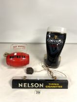 GUINNESS DRAUGHT BAR LIGHT, VINTAGE WATNEYS RED BARREL DISPLAY AND A NELSON TIPPED CIGARETTES