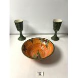 ART DECO CROWN DEVON LUSTRE WARE BOWL; 25X8 CMS AND A PAIR OF RYE POTTERY GREEN GLAZED GOBLETS; 20