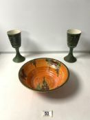 ART DECO CROWN DEVON LUSTRE WARE BOWL; 25X8 CMS AND A PAIR OF RYE POTTERY GREEN GLAZED GOBLETS; 20