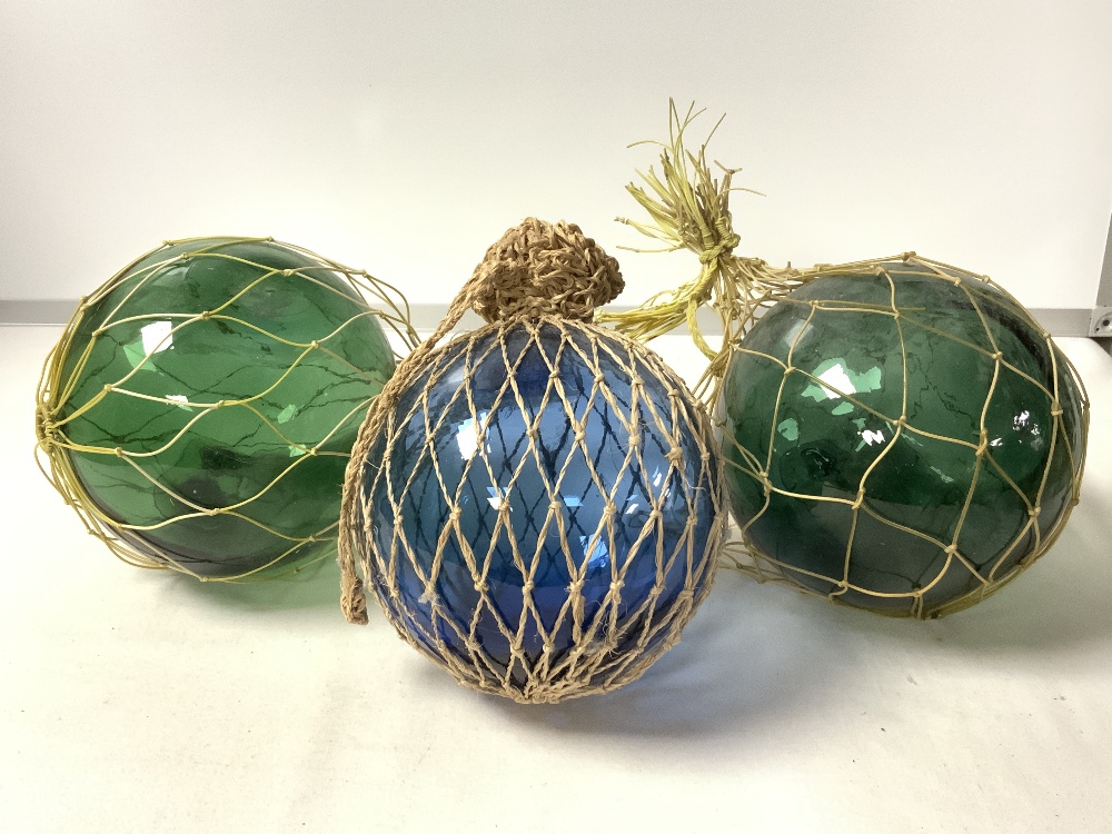 THREE VINTAGE GREEN GLASS FISHING FLOATS. - Image 2 of 3