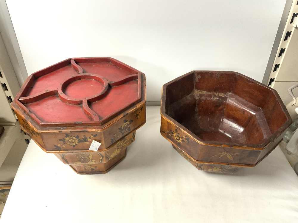A CHINESE OCTAGONAL WOODEN FOOD CONTAINER WITH GOLD LACQUERED FIGURE AND FLOWER DECORATION; 36 CMS. - Image 2 of 4