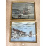 TWO FRAMED OILS ON BOARDS OF A GALLEON AND SAILING BOATS, SIGNED H CLOUT; DATED 73/74; 70X75 CMS.