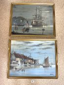 TWO FRAMED OILS ON BOARDS OF A GALLEON AND SAILING BOATS, SIGNED H CLOUT; DATED 73/74; 70X75 CMS.