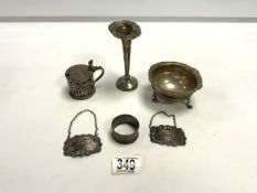 HALLMARKED SILVER SUGAR BOWL, TWO HALLMARKED SILVER DECANTER LABELS, NAPKIN RING, POSY VASE AND