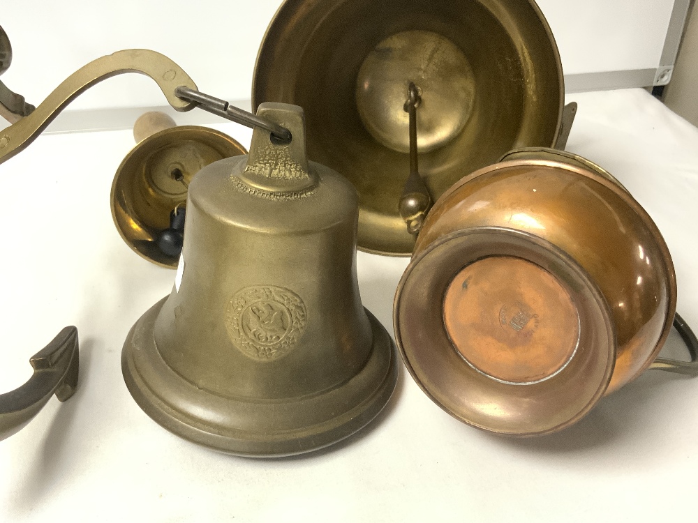 TWO REPRODUCTION BRASS SHIP BELLS, BRASS DESK BELL, BRASS HORSE AND CART AND OTHER BRASS WARE. - Image 4 of 4