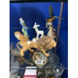 A BESWICK PORCELAIN MALE LION, BUDGIE, OWL, THRUSH, PORCELAIN ' LARRY THE LAMB ' AND A GERMAN