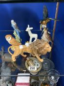 A BESWICK PORCELAIN MALE LION, BUDGIE, OWL, THRUSH, PORCELAIN ' LARRY THE LAMB ' AND A GERMAN