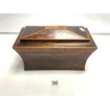 REGENCY ROSEWOOD & BOXWOOD STRUNG SARCOPHAGUS SHAPE TEA CADDY, THE INTERIOR WITH LIDDED COMPARTMENTS