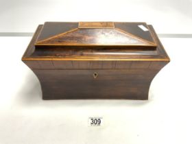 REGENCY ROSEWOOD & BOXWOOD STRUNG SARCOPHAGUS SHAPE TEA CADDY, THE INTERIOR WITH LIDDED COMPARTMENTS