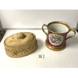 A WEDGWOOD CANEWARE VEGETABLE PIE DISH WITH GRAPE LEAF DECORATION AND CAULIFLOWER HANDLE TO LID,