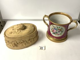 A WEDGWOOD CANEWARE VEGETABLE PIE DISH WITH GRAPE LEAF DECORATION AND CAULIFLOWER HANDLE TO LID,