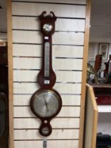 AN EARLY 19TH-CENTURY MAHOGANY AND BOXWOOD STRUNG BANJO BAROMETER AND THERMOMETER WITH ENGRAVED