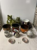 SYLVAC PLANT POT, WEST GERMAN POT, DARTMOUTH POTTERY OWL MONEY BANK, DECORATIVE CABINET PLATES AND