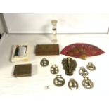 ORNATE BRASS DOOR KNOCKER, HORSE BRASSES, GLASS THERMOMETER AND OTHERS.