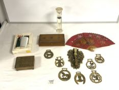 ORNATE BRASS DOOR KNOCKER, HORSE BRASSES, GLASS THERMOMETER AND OTHERS.