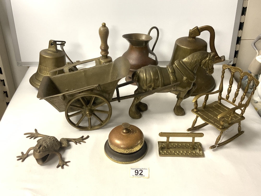 TWO REPRODUCTION BRASS SHIP BELLS, BRASS DESK BELL, BRASS HORSE AND CART AND OTHER BRASS WARE.