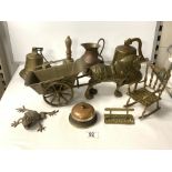 TWO REPRODUCTION BRASS SHIP BELLS, BRASS DESK BELL, BRASS HORSE AND CART AND OTHER BRASS WARE.