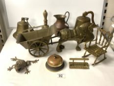 TWO REPRODUCTION BRASS SHIP BELLS, BRASS DESK BELL, BRASS HORSE AND CART AND OTHER BRASS WARE.