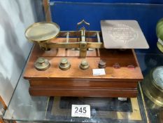 MAHOGANY AND BRASS POSTAL UNION SCALES WITH FOUR WEIGHTS; MADE BY S. MORDEN & CO.