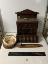 A VINTAGE WOODEN ABACUS, A BANCROFT SPINNING SHUTTLE, SPEAKER CABINET. LEATHER COLLAR BOX WITH