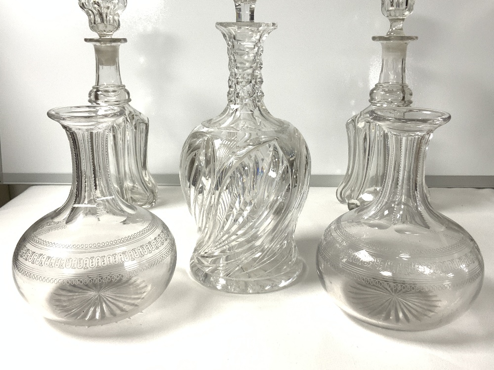 A HEAVY CUT GLASS DECANTER, PAIR OF ETCHED SHERRY DECANTERS AND TWO OTHER DECANTERS. - Image 2 of 4