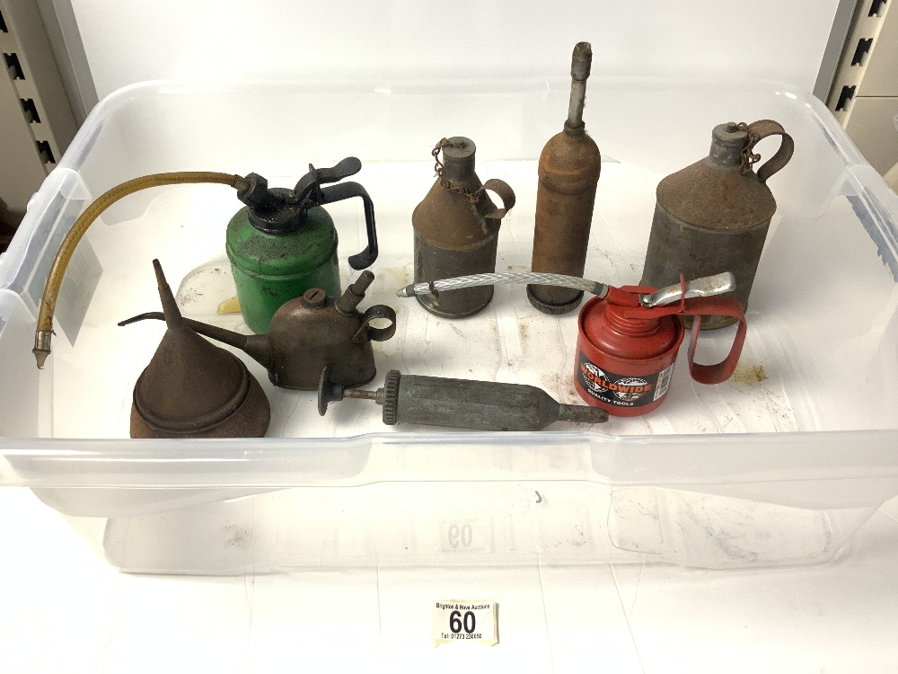 QUANTITY VINTAGE OIL CANS AND GREASE GUNS.