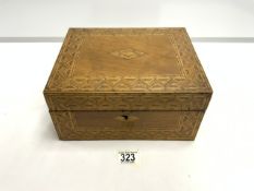 VICTORIAN OAK AND PARQUETRY INLAID WRITING SLOPE, WITH FITTED INTERIOR; 26 CMS.