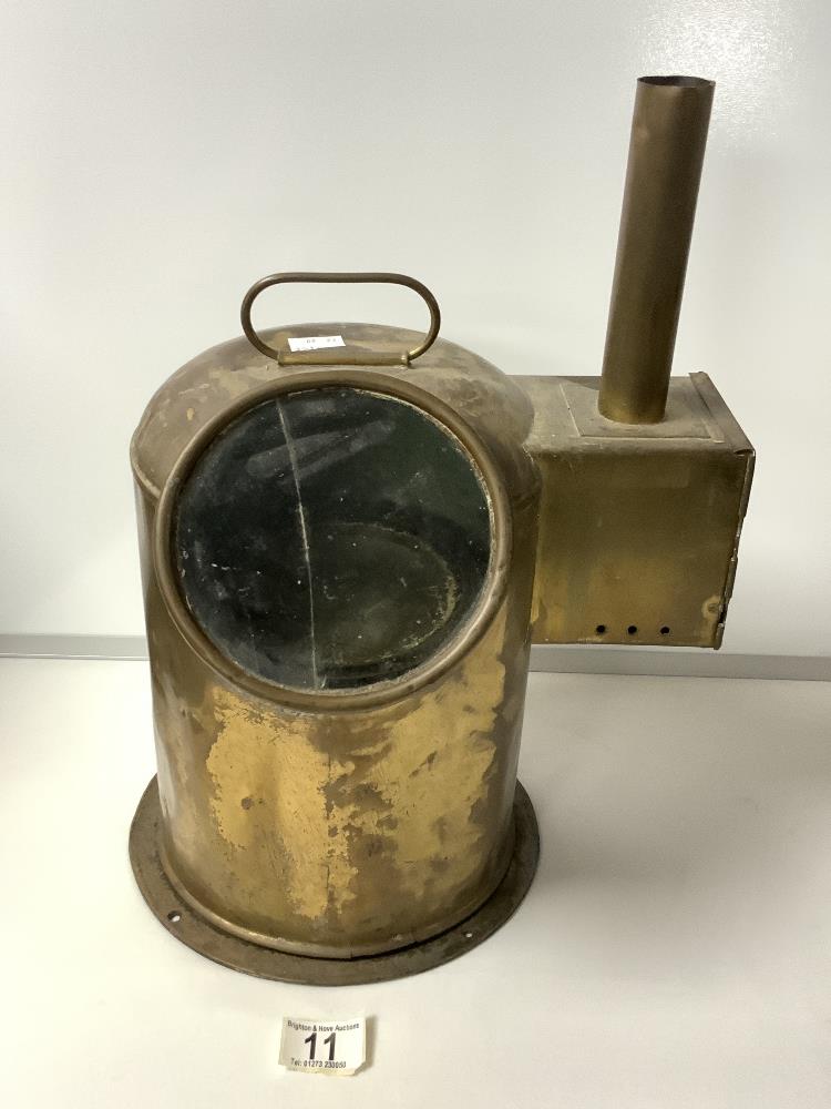 A VINTAGE SHIPS BRASS COMPASS BINNACLE.