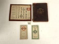 AIREY'S RAILWAY MAP OF ENGLAND AND WALES, A 1949 CALENDAR AND TWO POCKET LONDON TRANSPORT MAP